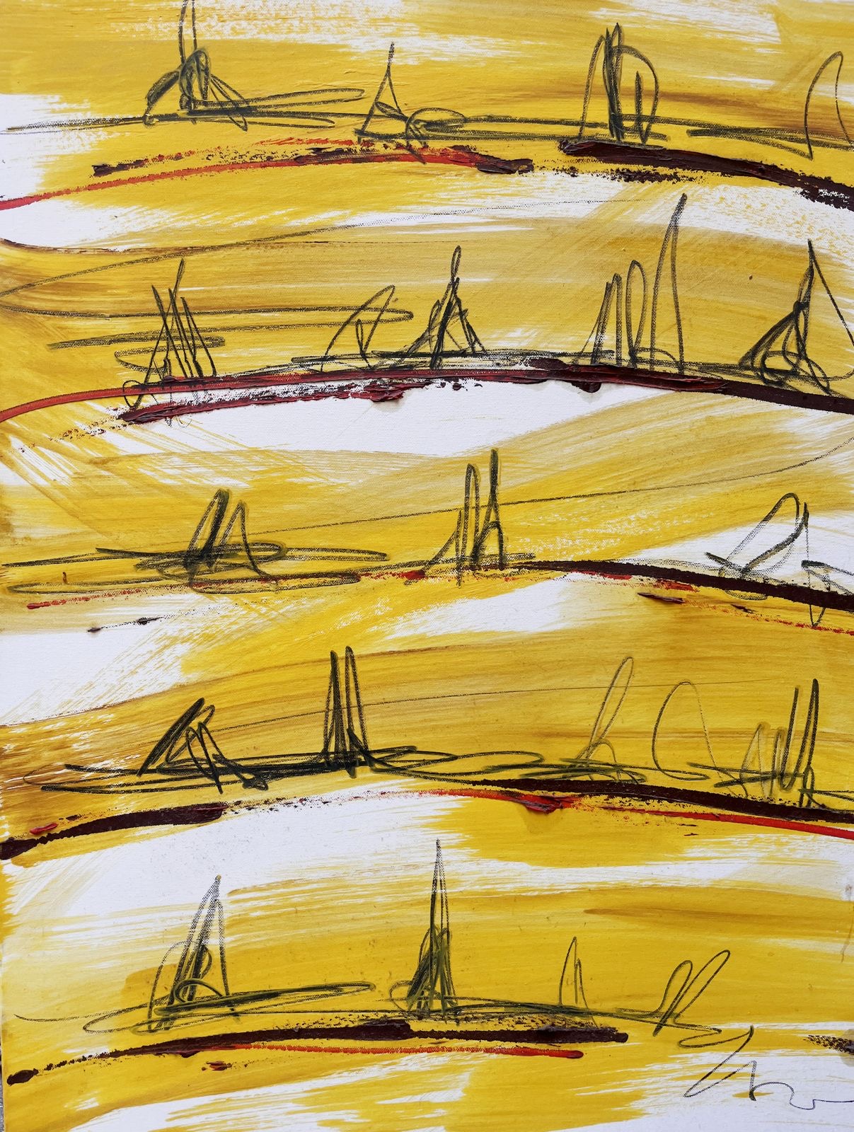 Traccia su sole giallo I - Fabio Ramagnano, 2022-2026, Olio e matita 14B su tela